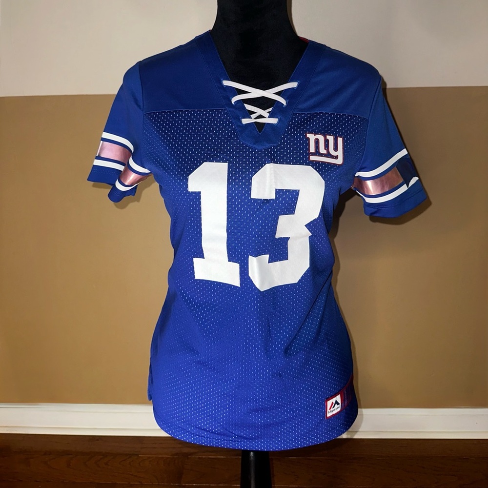 Blue Fitted Short Sleeve NY Jersey with Lace-Up V-Neck